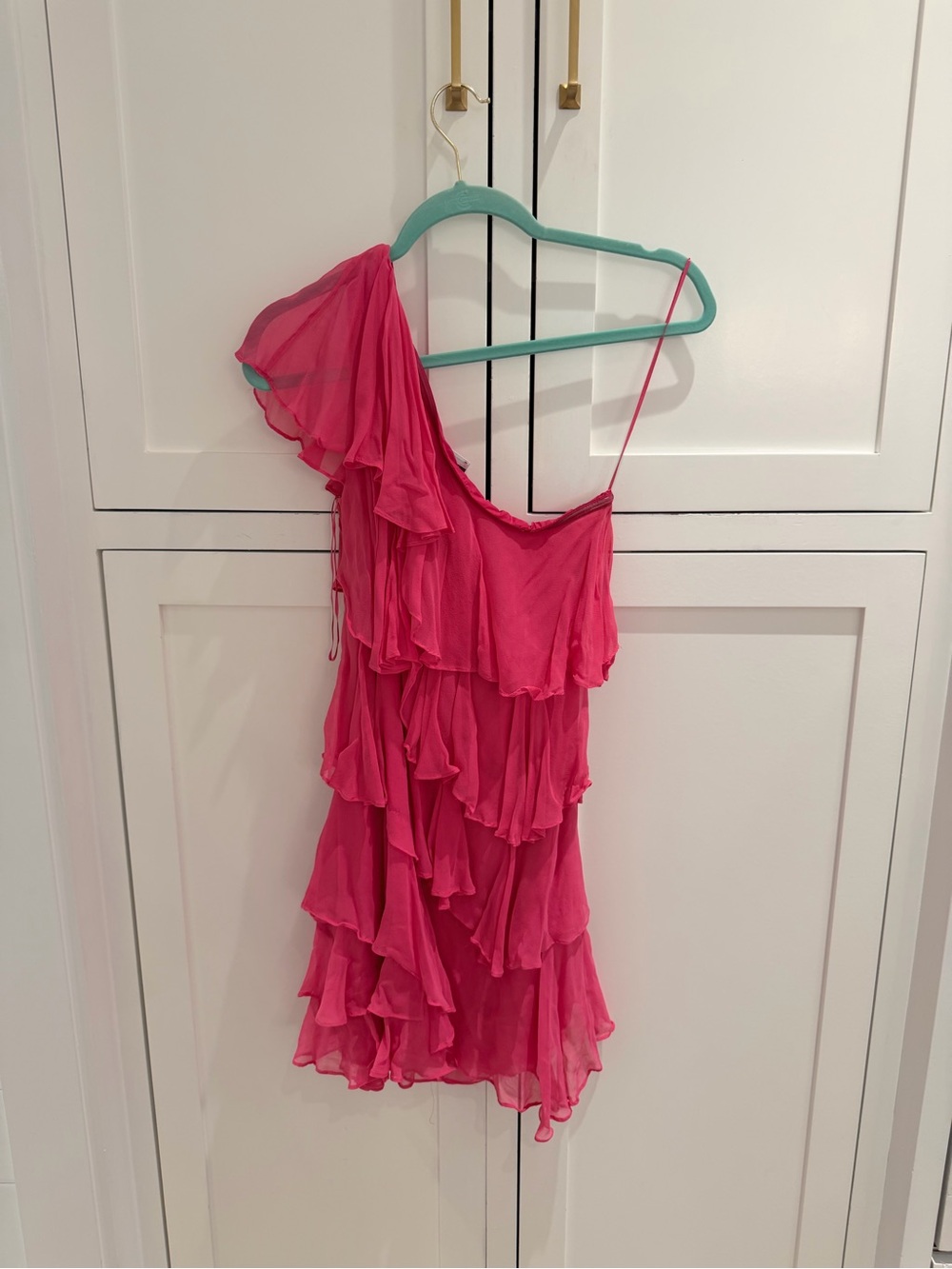 Halston Heritage One-Shoulder Ruffle Mini Dress in Bright Pink